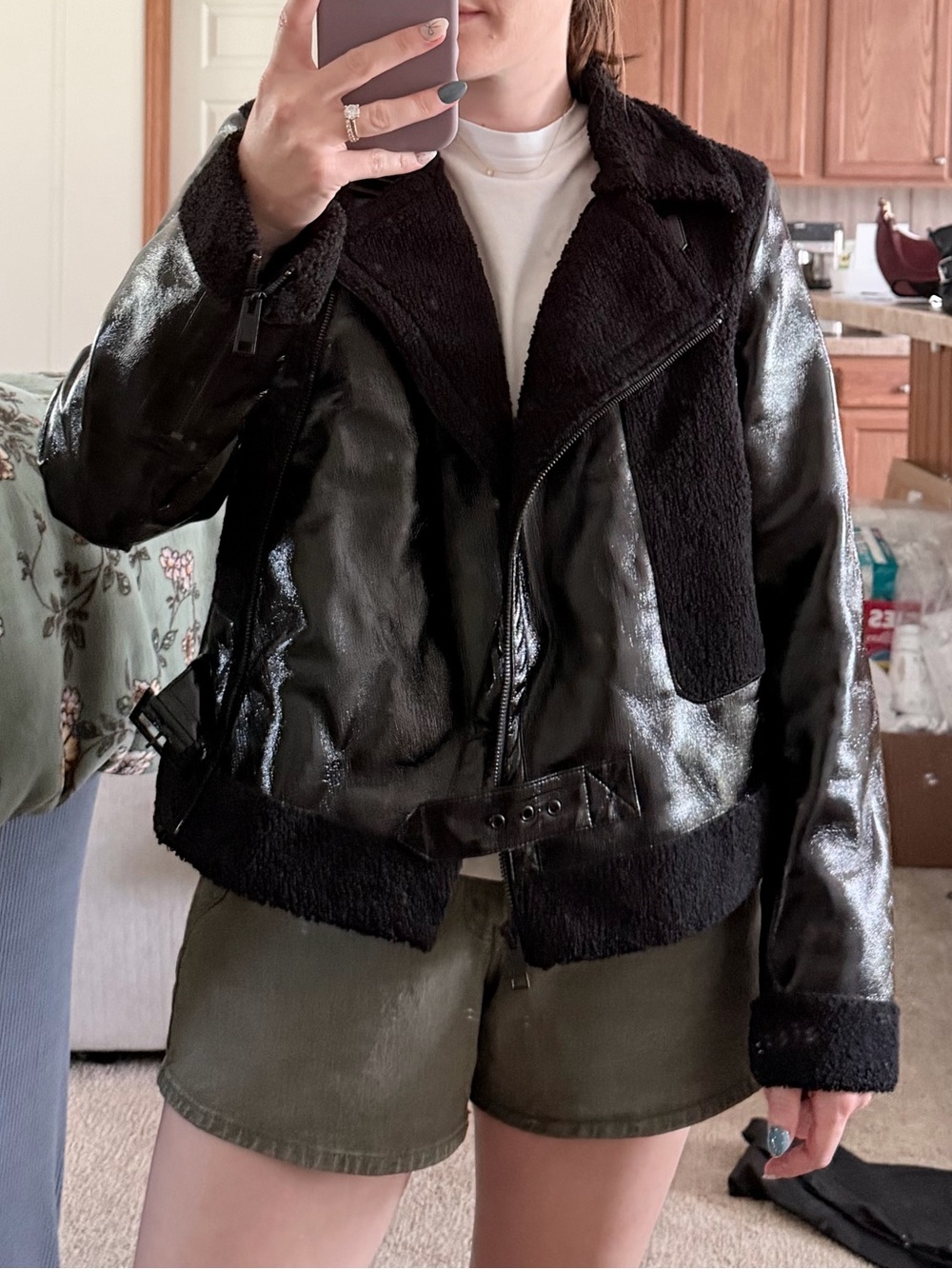 Andrew Marc Black Faux Leather Shearling-Trim Moto Jacket
